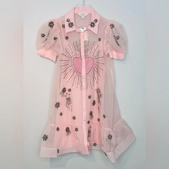 Anthropologie Maeve Pink Sheer Beaded Embroidered Short Sleeve Mini Dress NWT - Picture 4 of 15